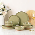AmorArc Ceramic Dinnerware Sets for 4, 12 Pieces Handpainted Plates and Bowls Set with Rustic Terracotta Underside, Scratch Resistant Stoneware Dishes Set, Dishwasher & Microwave Safe, Olive Green