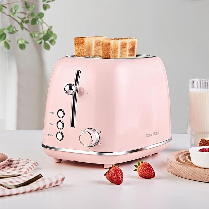 Roter Mond 2 Slice Toaster Retro Stainless Steel with Bagel, Cancel, and Defrost Functions, 6 Bread Shade Settings, Extra Wide Slots and Removable Crumb Tray, Pink