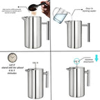 French filter coffee machine 34 ounces, double insulated, easy to clean, durable, Camping coffee makers, Brew Coffee On Stovetop，suitable for home and camping, silver.
