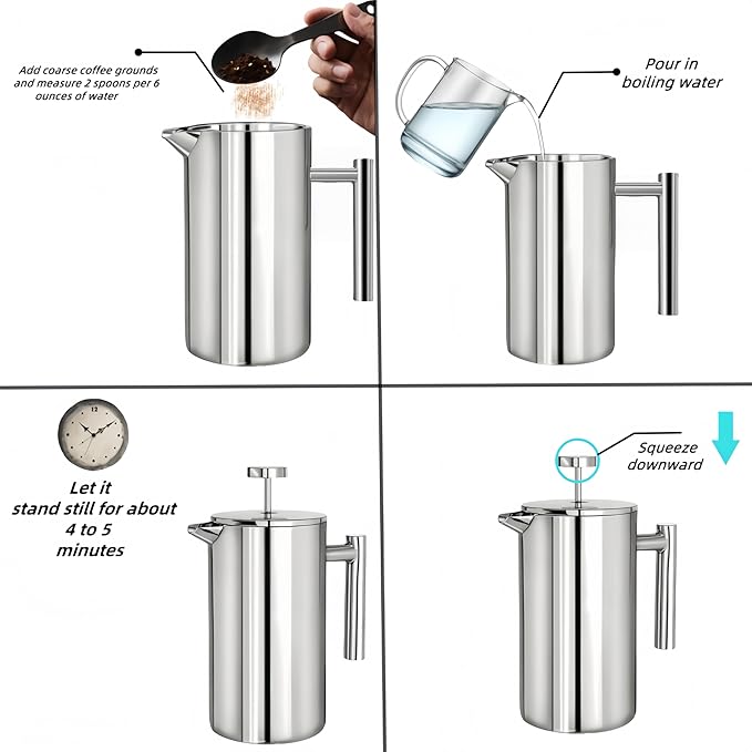 French filter coffee machine 34 ounces, double insulated, easy to clean, durable, Camping coffee makers, Brew Coffee On Stovetop，suitable for home and camping, silver.