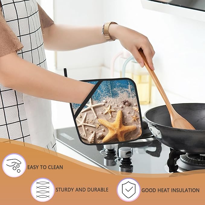 2 Pack Seashell Starfish Pot Holders for Kitchen Heat Resistant, Blue Wooden Beach Potholders for Kitchens Washable for Cooking & Baking & Microwave