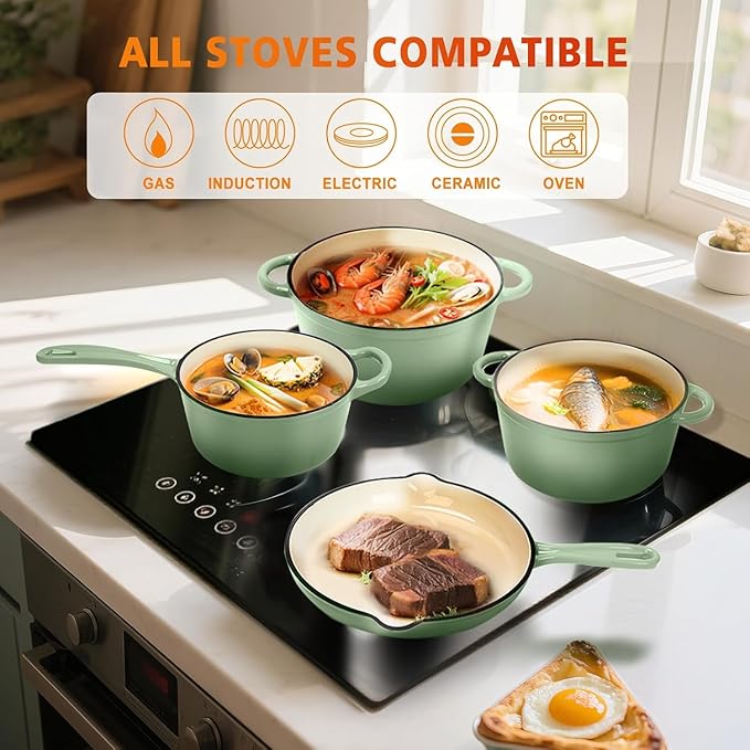 Hisencn Enameled Cast Iron Cookware Set - 7 Piece Set of Dutch Ovens, Sauce Pan, Skillet, 3 Lids, Dutch Oven Set, Ceramic Coated Cast Iron, Heavy Duty, Gas/Induction Compatible (Pistachio Green)