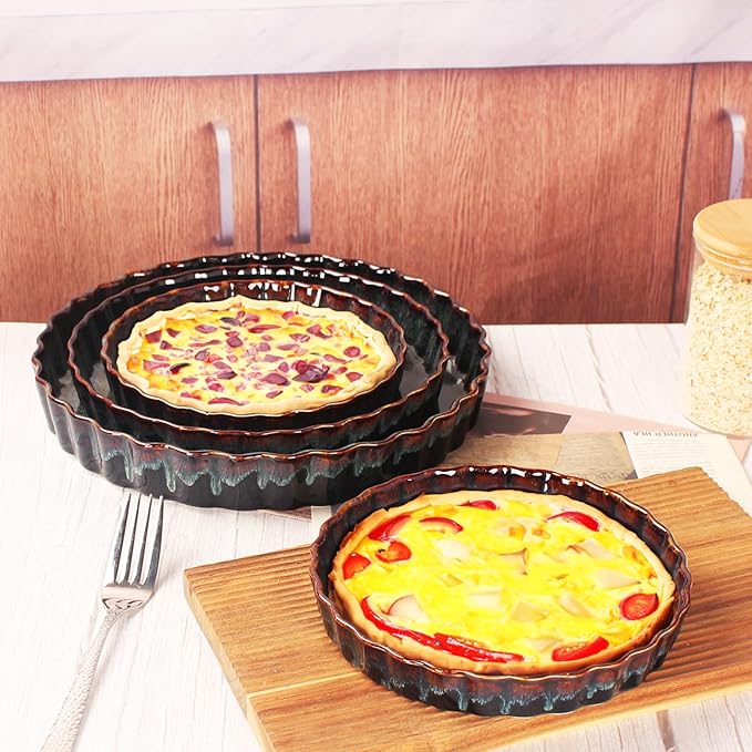 Ceramic Pie Pan Quiche Baking Dish, 11 Inch Round Ruffled Edge Au Gratin Baking Dishes, 1.4 Quart Non-Stick Pie Dish, Tart Pan, Pie Plate for Apple, Oven, Dishwasher and Microwave Safe