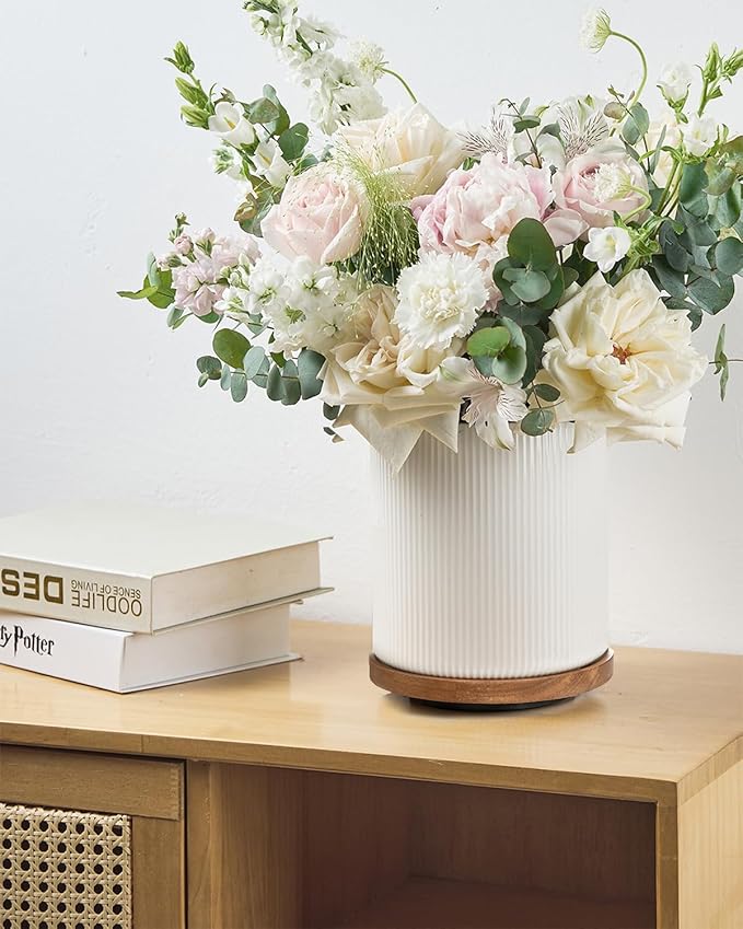 getstar 360° Rotating Large Kitchen Utensil Holder, Ceramic Cooking Utensil Holder for Kitchen Counter with Rotatable and Detachable Wooden Base (White)