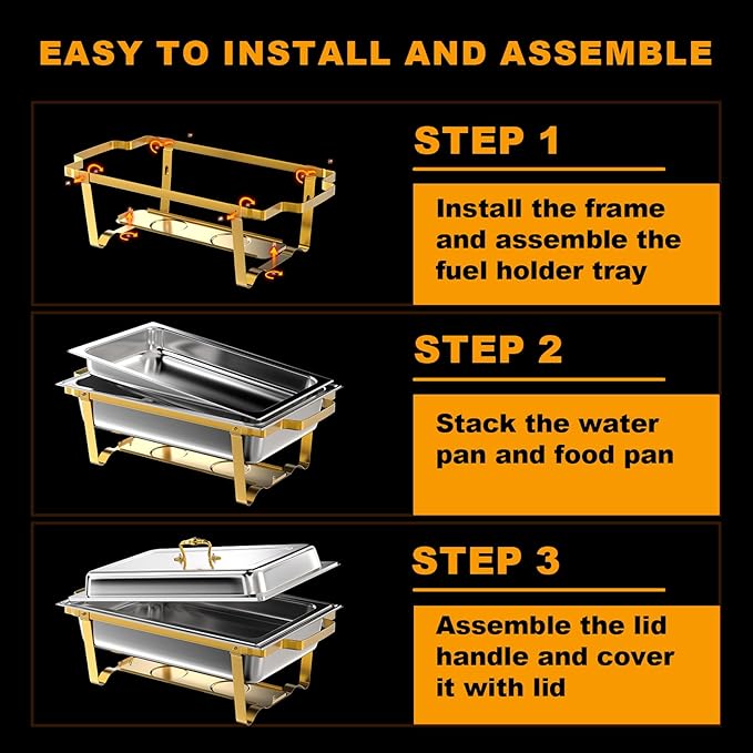 Chafing Dishes for Buffet 6 Pack, 9Qt Chafing Dish Buffet Set with Different Food Pans Combo, Food Warmers for Parties Buffet, Events & Weddings, Gold