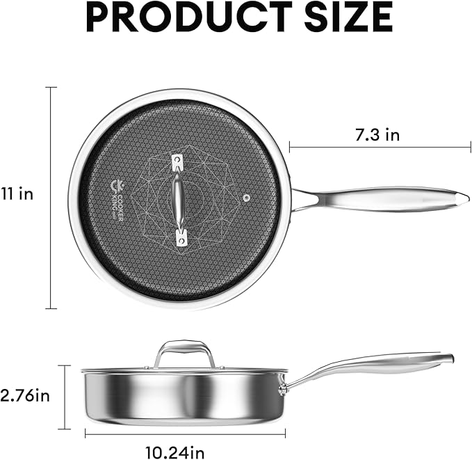 COOKER KING 3.6 Quart Stainless Steel Saute Pan with Lid, 11 Inch Hybrid Nonstick Deep Saute Pan, Tri-Ply Clad Even Heat Distribution, Dishwasher-Friendly,Oven Safe to 500°F, Induction Compatible