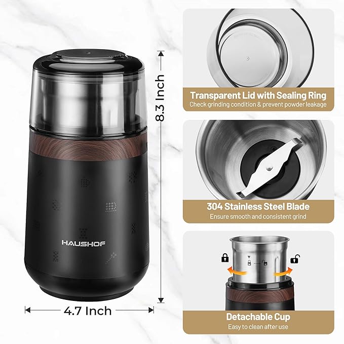 HAUSHOF Coffee Grinder Electric, One Touch Design, Spice, Herb, Grinder for Coffee Bean Spices and Seeds with 1 Removable Stainless Steel Bowl, Dry Grinder-Black