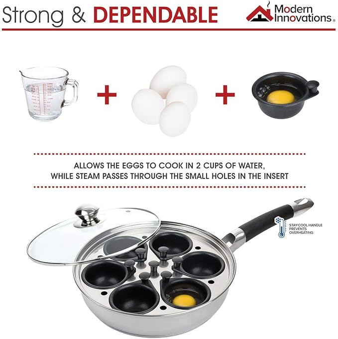 Modern Innovations Egg Poacher Pan - Nonstick Stainless Steel Maker With Handle, 6 Cups, and Silicone Spatula