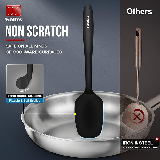 Walfos Silicone Spatula Set of 8(600°F）- Heat Resistant Kitchen Silicone Scraper Spatulas & Mini Spatulas, One-Piece Seamless Design, Perfect for Cooking Mixing & for Non-stick Cookware,black