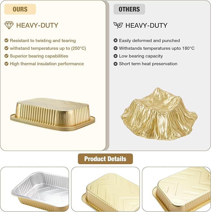 Aluminum Foil Pan with Lids,Heavy Duty Aluminum Pan, Disposable Aluminum Pans,Gold Foil Pans, Deep Container for Heating, Baking, Cooking,BBQs,Parties,Storing,Catering(74.4oz 15 Pack w/Lids)