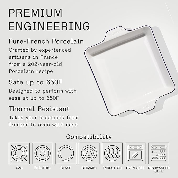 Made In Cookware - Square Baking Dish - Navy Rim - Hand Crafted Porcelain - Professional Bakeware - Made in France