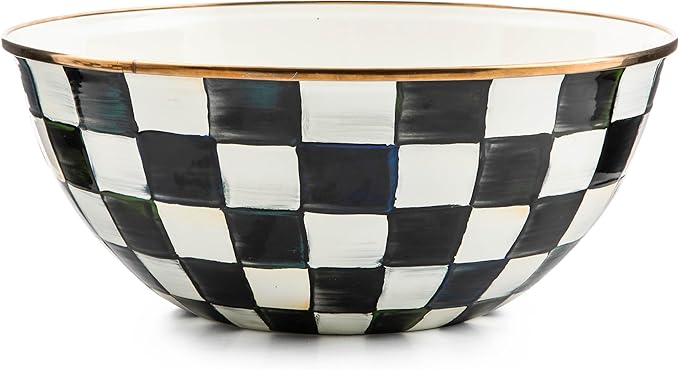 MACKENZIE-CHILDS Enamel Everyday Bowl, Serving Bowl for Entertaining, Large, Black-and-White Courtly Check, Set of 1