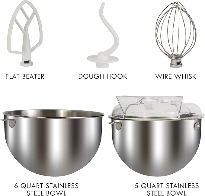 Kenmore Elite 600W Bowl Lift Stand Mixer - Digital 10 Speed Mixing, Electric, Countertop, Heavy Duty, Kitchen Appliance, 5 & 6 Qt Stainless Steel Bowls With Flat Beater, Whisk, Dough Hook Attachments