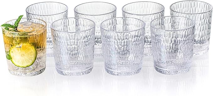 15oz Clear Acrylic Glasses Drinkware (Set of 8), Honeycomb Stackable Shatter-Proof Plastic Tumblers, Reusable Plastic Drinking Glasses, BPA-Free, Dishwasher-Safe