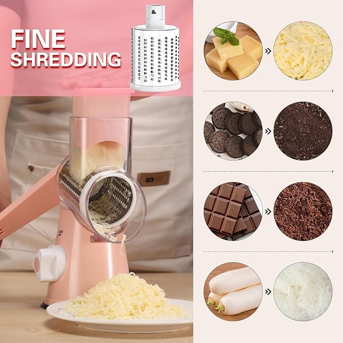 Cambom Rotary Cheese Grater Hand Crank Cheese Shredder for Fresh Cheese, Vegetable, Nuts,Non-slip Suction Base, Free Cleaning Brush Three Blades, Pink