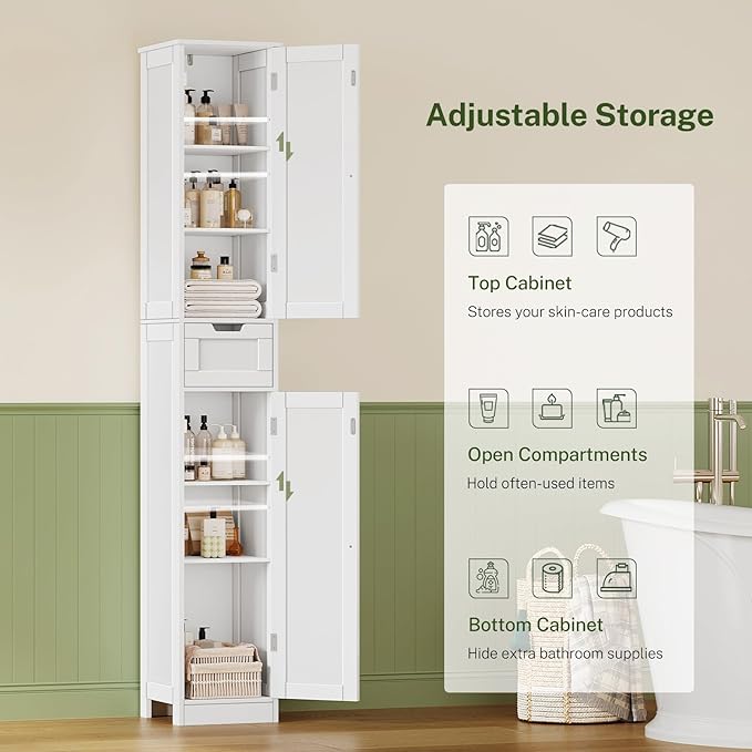 WEENFON 67 Tall Bathroom Cabinet with 6 Shelves & 1 Drawer, Narrow Storage Cabinet with Adjustable Shelves, Silm Cabinets for Bathroom, Living Room, Kitchen, White