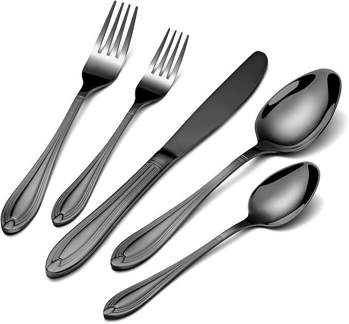 TIVOLI Silverware Set for 8, 40 Piece Heavy Duty Stainless Steel Flatware Utensils Cutlery Set Including Steak Knife Fork and Spoon, Dishwasher Safe, Gift Package for Wedding Housewarming (Black)