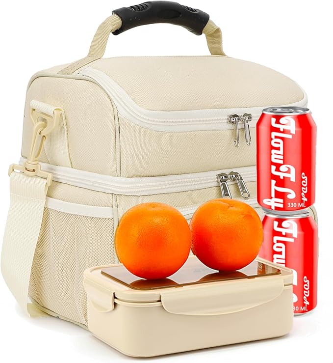 FlowFly Double Layer Cooler Insulated Lunch Bag Adult Lunch Box Large Tote Bag for Men, Women, With Adjustable Strap,Front Pocket and Dual Large Mesh Side Pockets