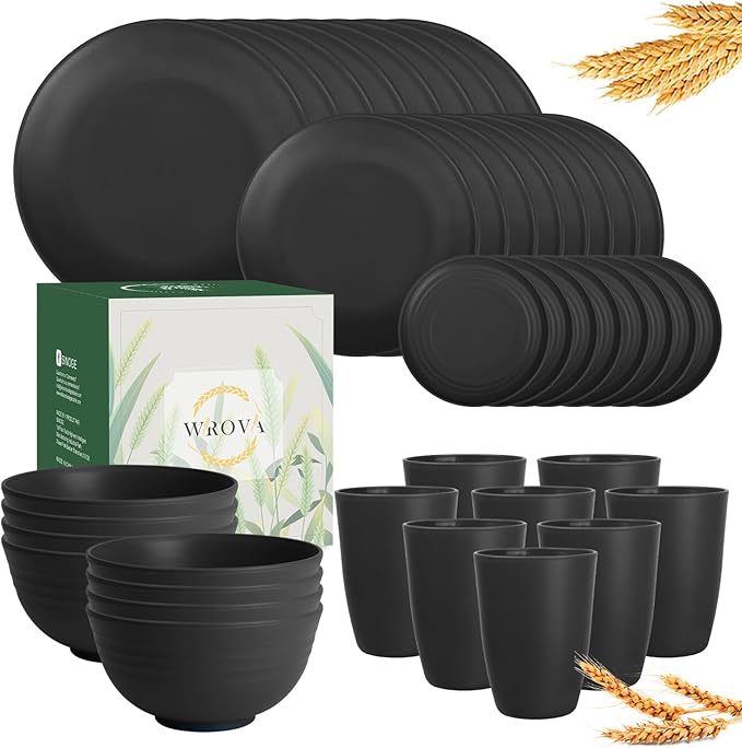 Wheat Straw Dinnerware Set of 40 Pieces - 10" & 9" Plates, 6" Snack Plates, 26oz & 12oz Bowls & Cups - Unbreakable, Microwave & Dishwasher Safe - Black