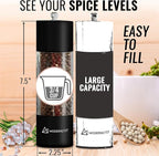 Manual Salt and Pepper Grinder Set of 2 | Large Round Salt and Pepper Shakers Set | 7.5 inch Stainless Steel Salt Grinder Refillable | Pepper Grinder Manual | Black & White