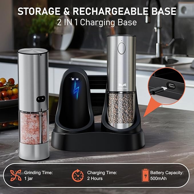 Electric Salt and Pepper Grinder Set with Easy-to-Carry Charging Base and LED Light, Automatic Salt and Pepper Grinder Set, USB Rechargeable, Adjustable Coarseness, Washable Container