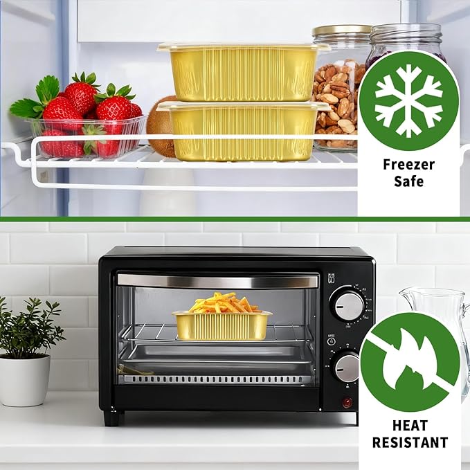 8.6"×6.5"×2.4" - 40 Pack 3LB/48oz Gold Aluminum Foil Pans with Lids Heavy Duty, Foil Food Containers with Lids, Tin Foil Pans for Baking, Meal Prep, Freezer, Heating and Takeout