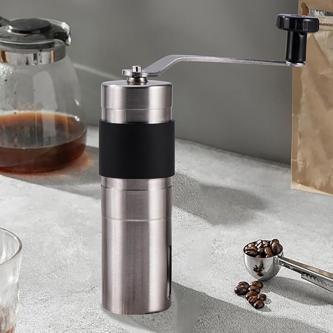 Manual Coffee Grinder, Hand Coffee Mill, Adjustable Settings With Black Anti Slip Sheath, Portable Conical Burr Grinder for Household, Office, Camping or Travel Ect Multi Scenario Usage, Silvery.