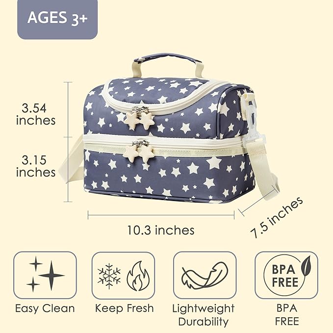 Kids Dual Compartment Lunch Bags Tote for Boys Girls Toddler Lunch Boxes Pre-School Toddler Kindergarten Picnic Camp Food Cooler Thermal with Strap (Yellow Star)