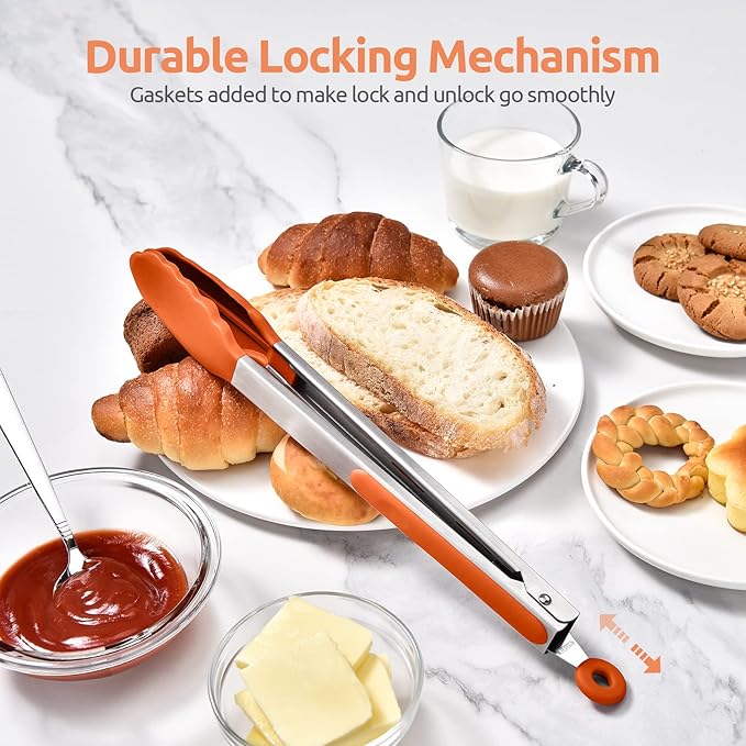 600ºF Heat Resistant Kitchen Tongs: U-Taste 12 inch Large Silicone Cooking Tong with Sturdy Non Stick Rubber Tips & Silicon Coated 18/8 Stainless Steel Handle & Smooth Locking for Serving Grill-Orange