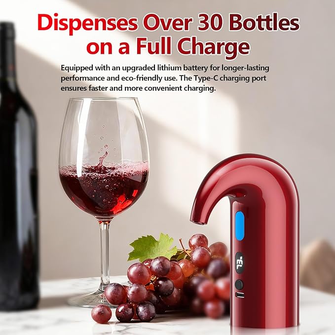 Electric Wine Aerator & Dispenser – 1-Touch Instant Aeration, Precision Pouring & Temp Display – USB Rechargeable Gift Edition for Parties, Holidays & Wine Lovers (Red)