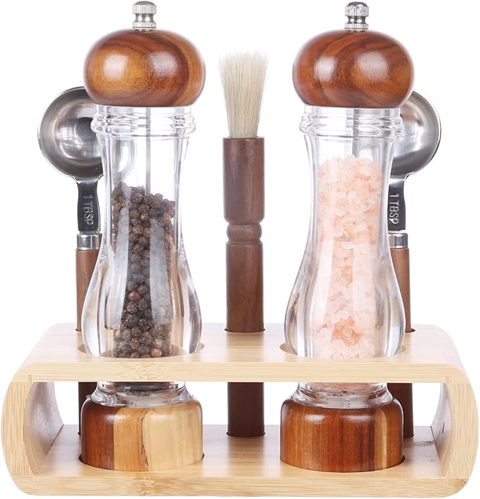 KKC HOME ACCENTS Wooden Salt and Pepper Grinder set with Spoons and Brush,Salt and Pepper Mill set,8 inch,Refillable Adjustable Coarseness Fine to Coarse