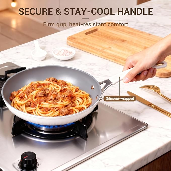 Ammeloo 15-Piece Ribbed Ceramic Cookware Set, Pots and Pans Set Non Stick, Induction Ready, Healthy Non Toxic Kitchen Cooking Set PFAS/PFOA/PTFE-Free, Silicone-wrapped Stay-Cool Handle