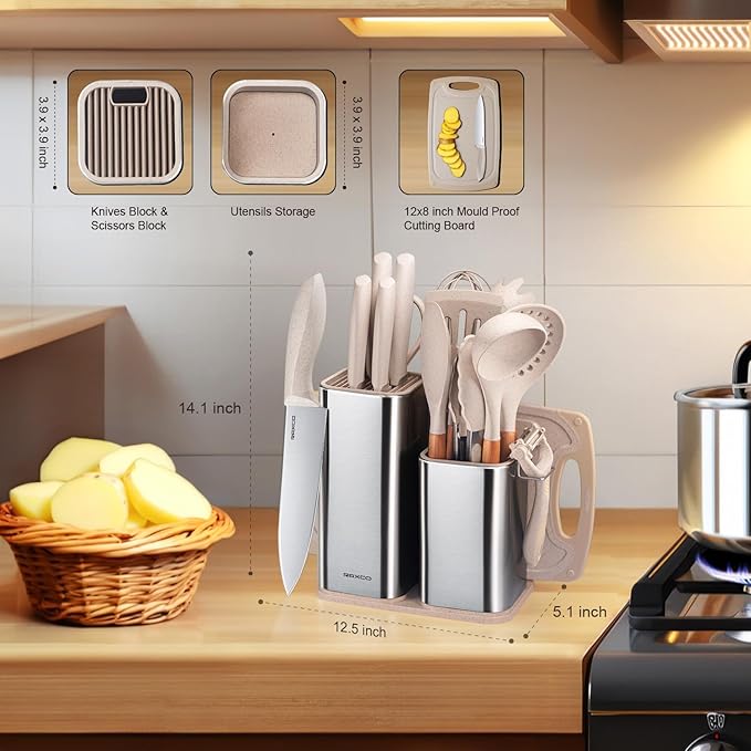 RAXCO Utensil Sets,18-Piece Knifes and cutting board,Silicone Cooking Tools and Kitchen Accessories,Straw