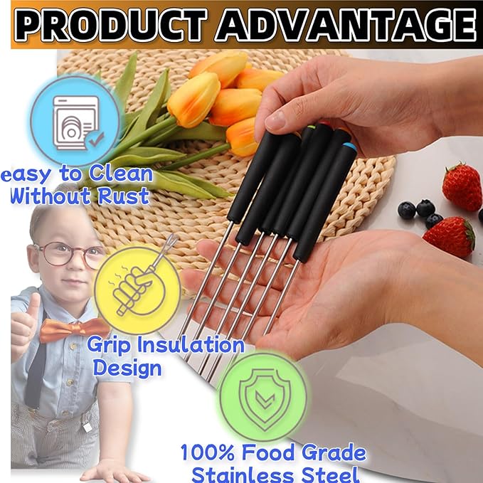 6Pcs Stainless Steel Fondue Forks 9.1" Fondue Sticks Fondue Cheese with Heat Resistant Handle Color Fondue Set for Grill Cake Chocolate Meat Fruits Cheese Fondue Fountain Roast Marshmallows Dessert