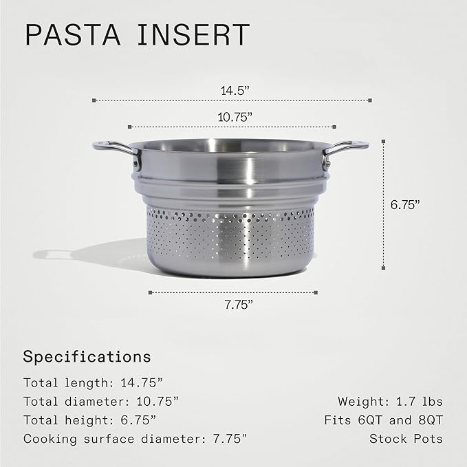Made In Cookware - Stainless Steel Pasta Insert - Premium Stainless Steel - Professional Cookware - Crafted in Thailand - Fits 6 and 8 QT Stock Pots