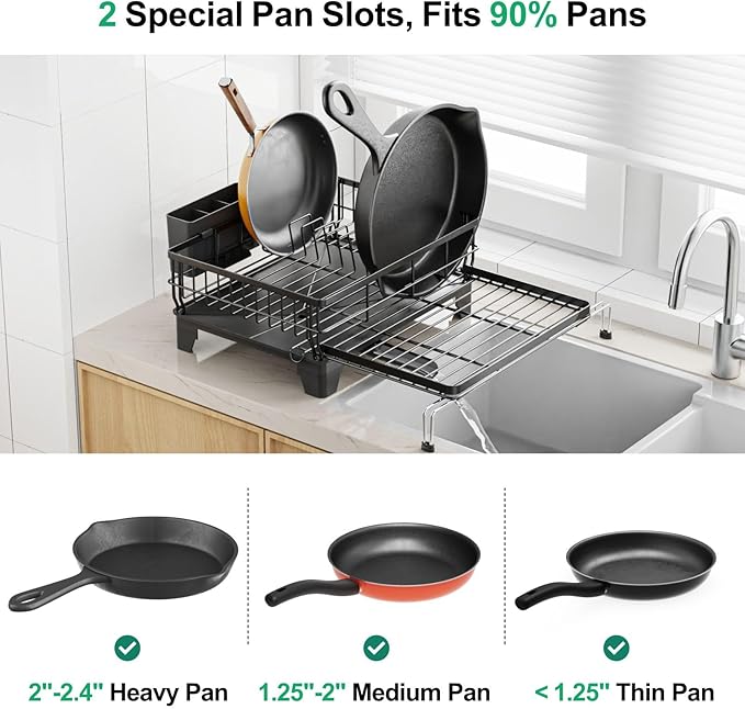 GSlife Extendable Dish Drying Rack - Large 2-in-1 Dish Racks for Kitchen Counter or Over Sink, Anti-Rust Dish Drainer with Drainboard, 2 Pan Slots and Utensil Holder, Black