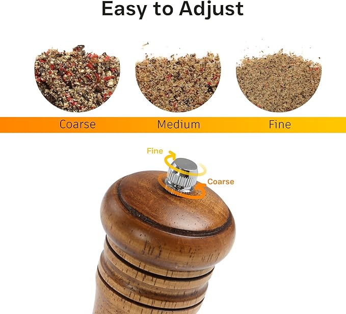 Wooden Salt and Pepper Grinder Set, Premium Oak Wood Salt Grinders Shakers, Pepper Mill with S and P Engraving, Adjustable Ceramic Grinder – 8 inches, 2 Pack