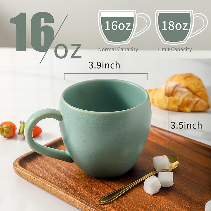 16 oz Coffee Mugs Set of 6, Stoneware Coffee Mugs with Large Handle, Ceramic Coffee Cups for Coffee, Milk, Tea, Cereal, Microwave Safe Mugs for Birthday Christmas Gfit, Turquoise