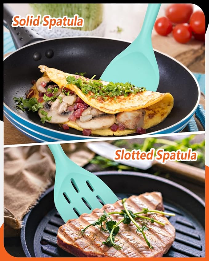 Pack of 2 Silicone Spatula, Non Stick Cooking Utensil Set Stainless Steel Handle Kitchen Turner for Baking Mixing Grilling Serving Food Heat Resistant Non Scratch Hooks Included (Green)