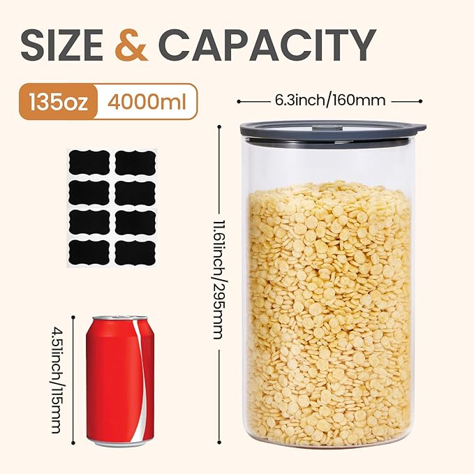 Extra-Large Glass Flour and Sugar Storage Containers with Airtight Lids,1-Gallon(135ozx2) Big Glass Food Canister Jars with Lid,Kitchen Organization Jar Perfect for Cookies,Cereal and Eggs