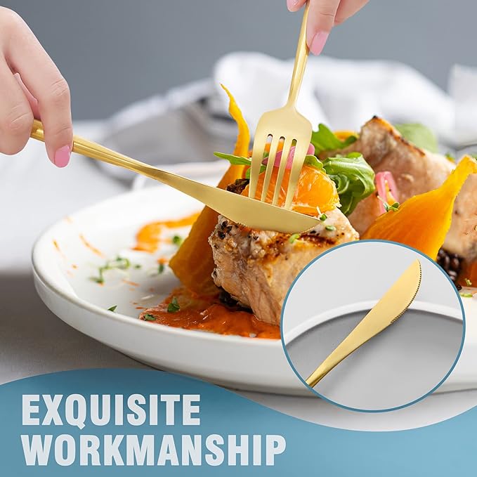 Lemeya Matte Gold Silverware Set for 6,Modern Stainless Steel Brushed Cutlery Set,30-Pieces Heavy Duty Flatware Set,Knives Spoons and Forks Set Utensils Set,Satin Finish,Dishwasher Safe