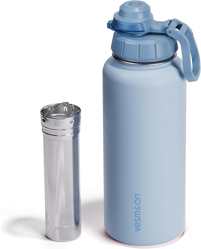 Vesmoon Vessence 32 Oz Stainless Steel Tea Infuser Bottle for Loose Leaf Tea, Water, Herbs, Fruits - Triple Layered Insulated, Leak Proof Bottle with Lid and Clip Handle - 24 Hours Hot/Cold