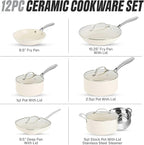 Gotham Steel 12 Pc Ceramic Cookware Set Nonstick, Ceramic Pots and Pans Set Non Stick with Steamer for Cooking, Non Toxic PFOA PFOS Free, Premium Stay Cool Handles, Oven & Dishwasher Safe