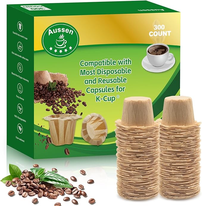 Aussen Disposable Coffee Paper Filters Replacement Kerig Filter Fit All Keurig Single Serve Filter Brands Compatible with Reusable Single Serve Pods Keurig Coffee Maker (Natural, 300pcs)