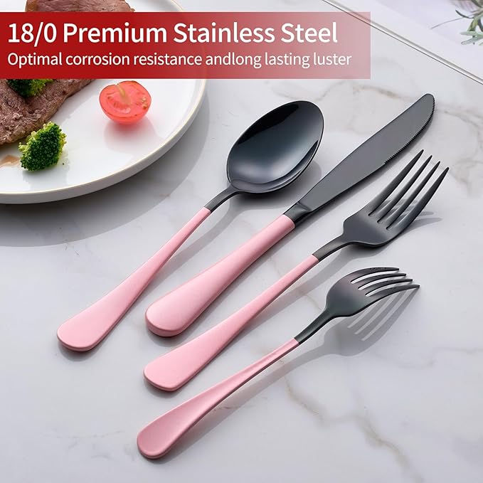 20-Piece Black and Red Silverware Set 18/0 Stainless Steel Flatware Warm Pink Handle Cutlery Set Service for 4 Dinner Knives Forks Spoons Set Mirror Finish Dishwasher Safe