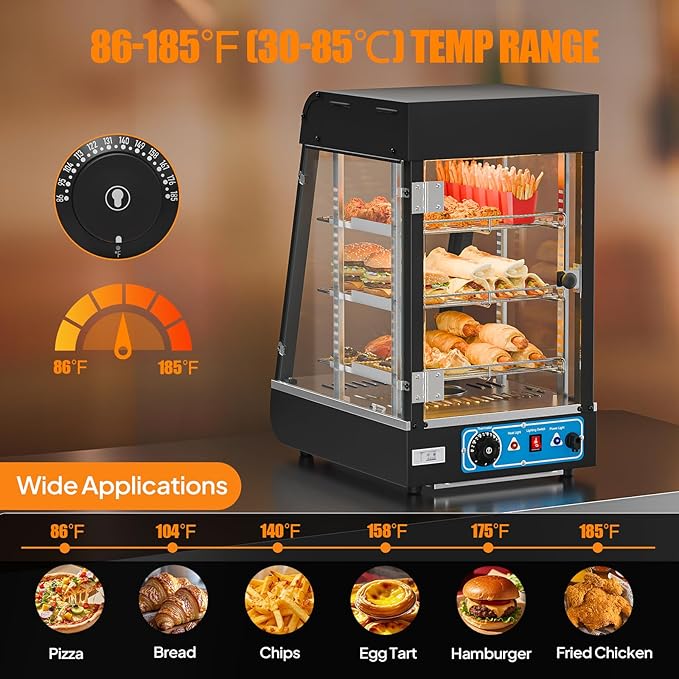 ROVSUN 15" Commercial Food Warmer Display Pizza Warmer, 3-Tier Electric Countertop Food Warmer w/LED Lighting Adjustable Removable Shelves Glass Door, Pretzel Warmer for Buffet Restaurant, 1000W