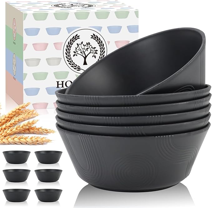 Homienly Cereal Bowl, Large Soup Bowl Set, Wheat Straw Bowl with Textured Design - 36oz Bowl Set, 6 PCS Microwave and Dishwasher Safe Bowls, Bowls for Kitchen, Serving Soup,Ramen,Pho,Salad - Black
