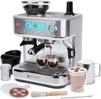 EspressoWorks Barista Pro Series Espresso Machine with Grinder, LCD Display and Steamer - Ready To Go In 60 Sec - 15-Bar Latte and Cappuccino Machine 30-Piece Bundle - Coffee Gifts (Silver)