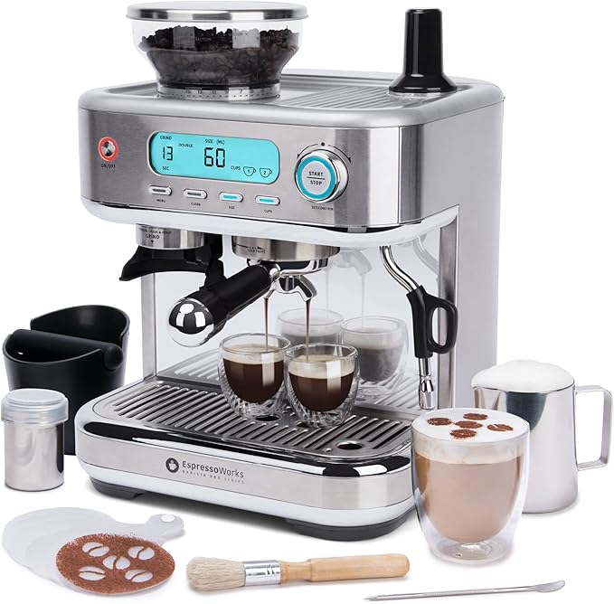 EspressoWorks Barista Pro Series Espresso Machine with Grinder, LCD Display and Steamer - Ready To Go In 60 Sec - 15-Bar Latte and Cappuccino Machine 30-Piece Bundle - Coffee Gifts (Silver)