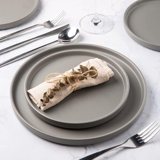 AmorArc Ceramic Dinner Plates Set of 6, 10.0 Inch Matte Stoneware Plates for Kitchen,Modern Flat Dinnerware Dishes Set,Microwave& Dishwasher Safe, Scratch Resistant,Matte Grey